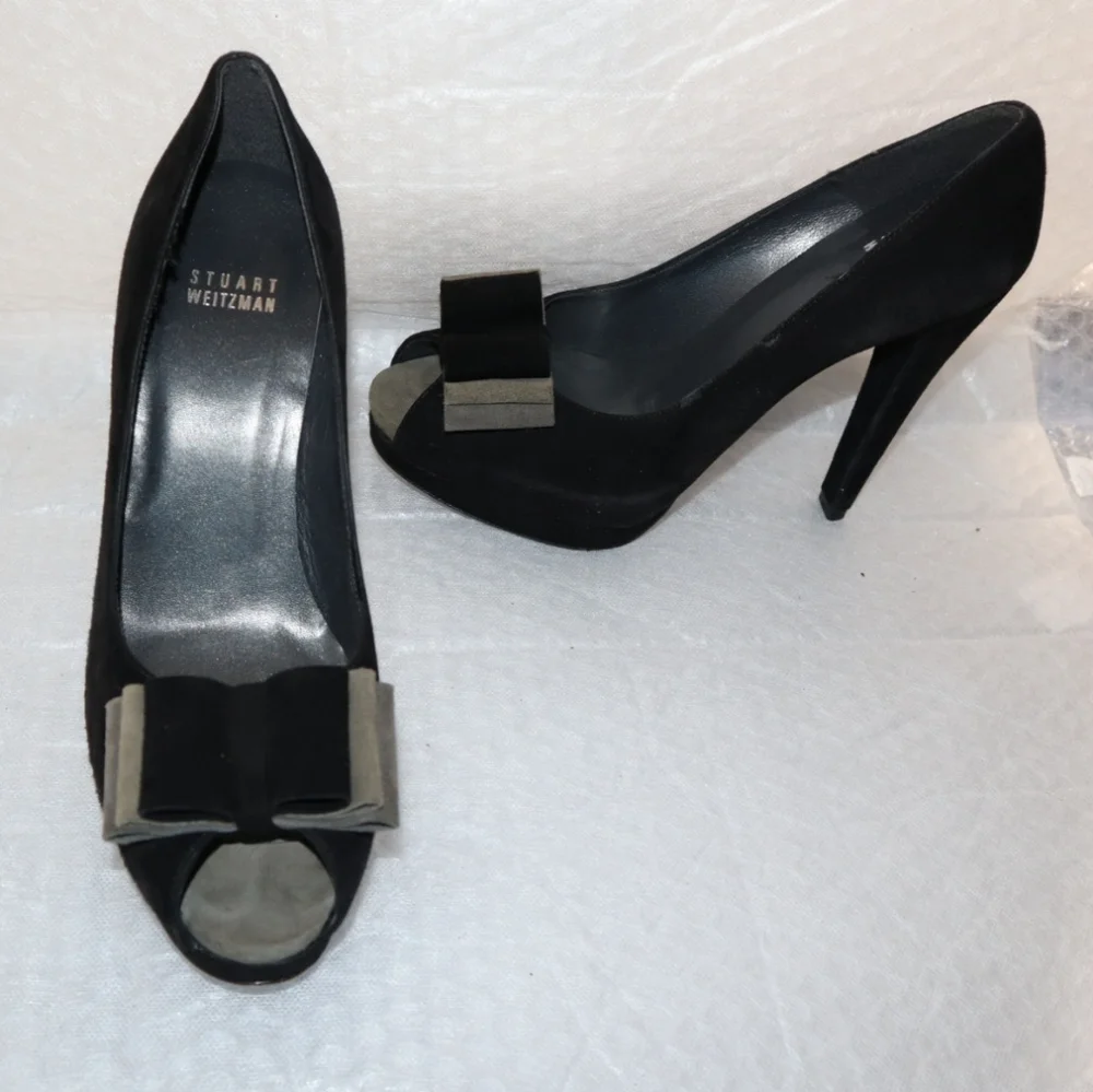 Stuart Weitzman‎ Black and Gray Peep Toe Bow Accents Black